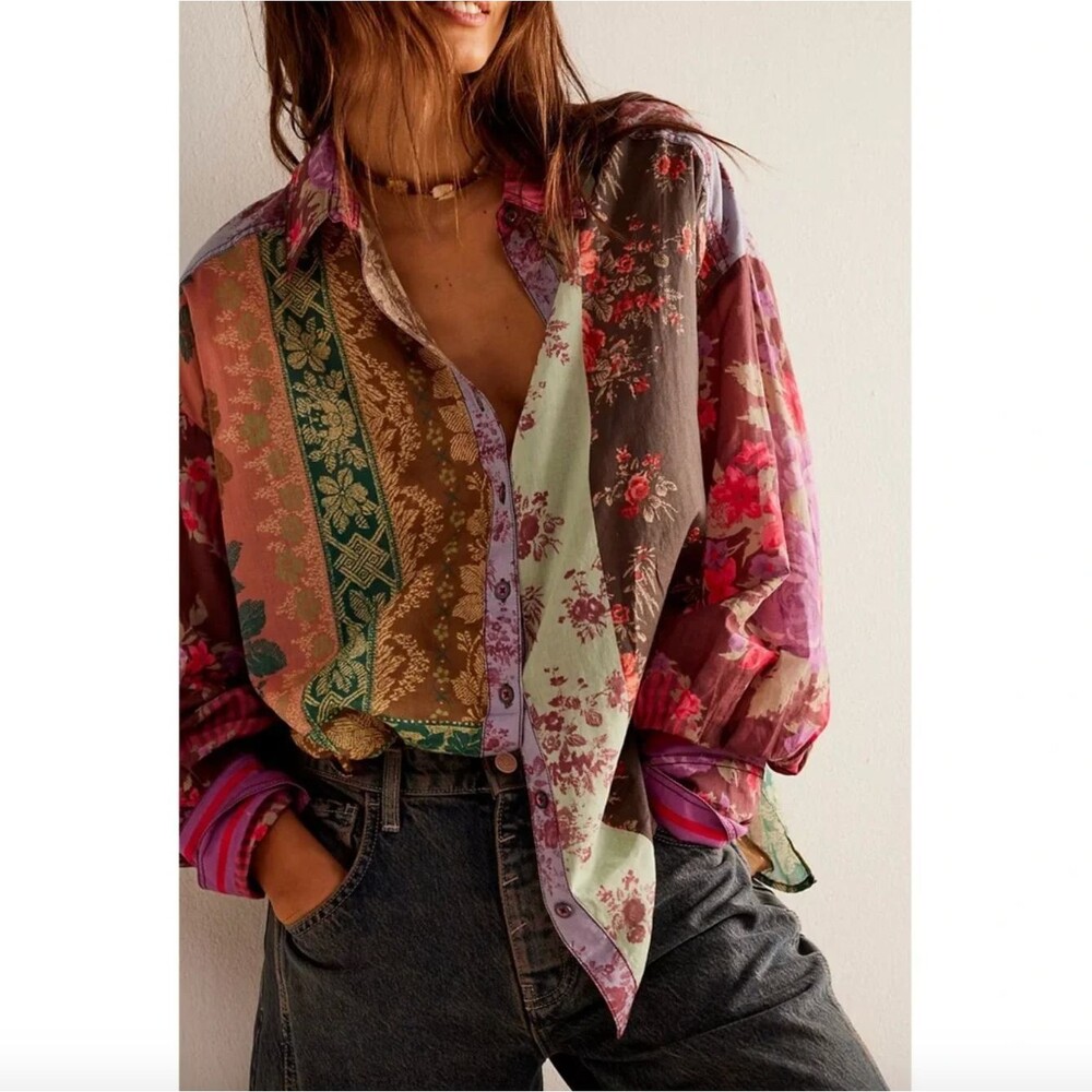 Free People Shirt cotton patchwork flower patch buttonup womens (xsmall) boho
